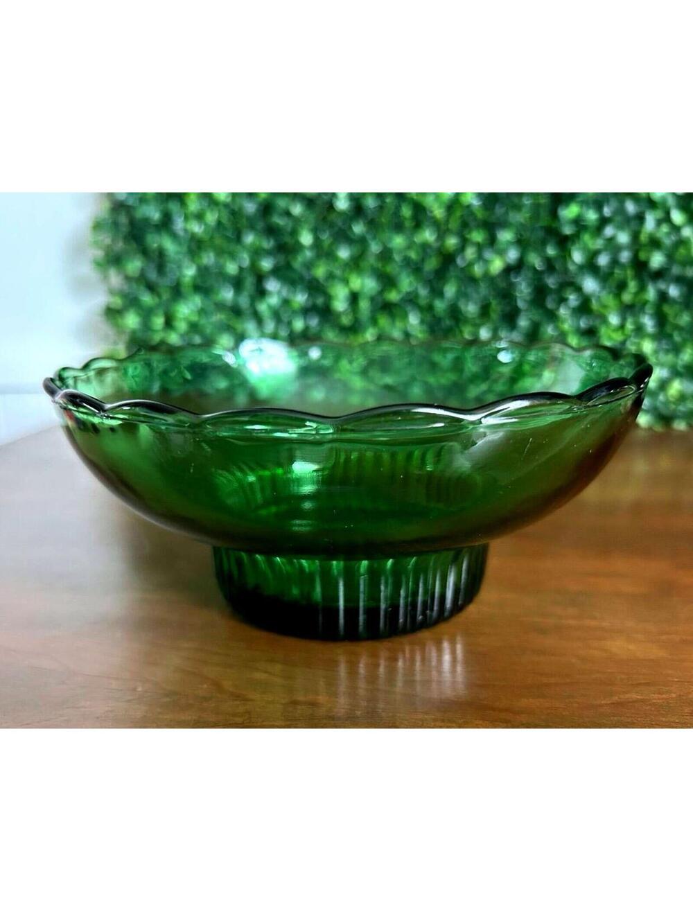 Vintage EO Brody Emerald Green Glass Pedestal Bowl Scalloped MCM